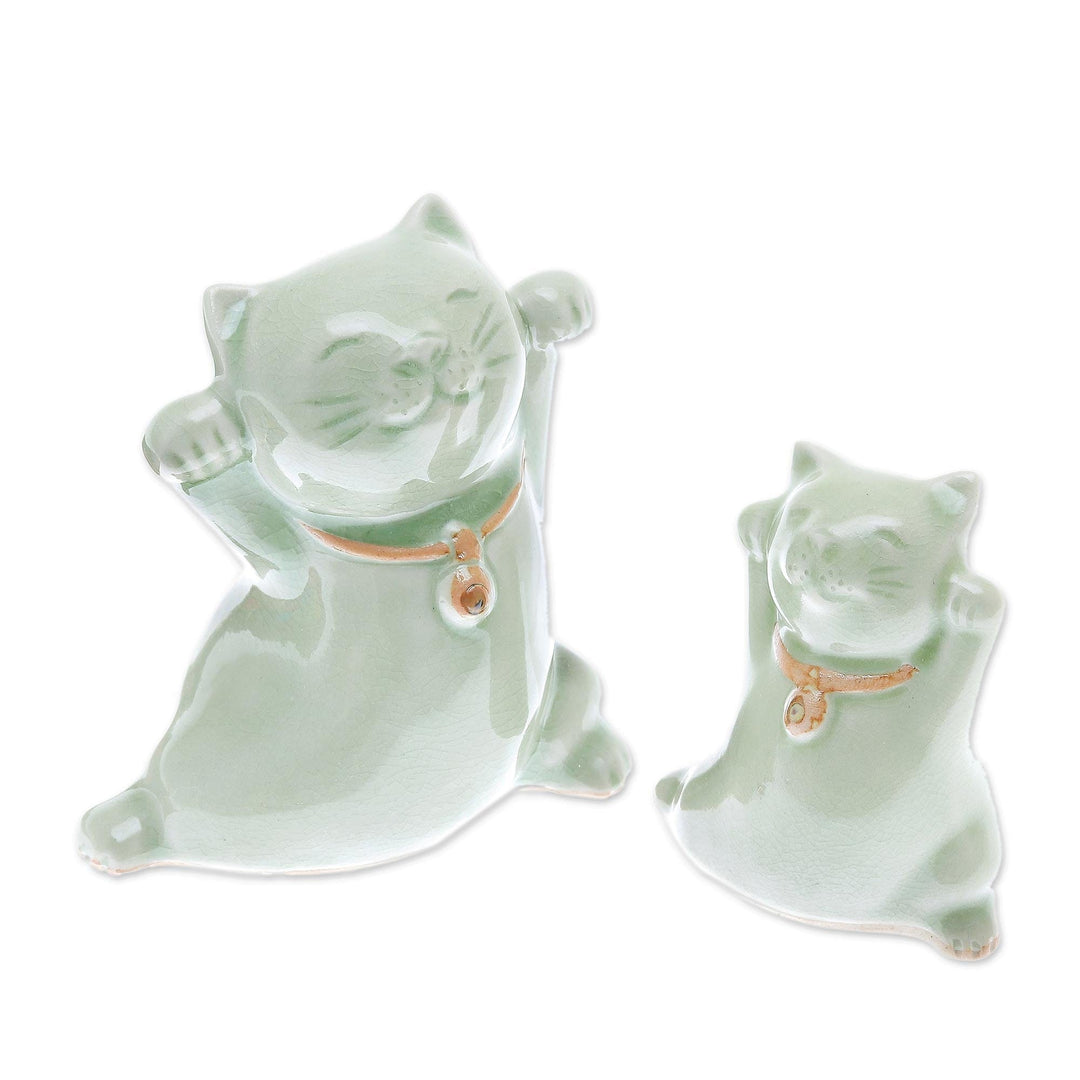 Celadon Ceramic Cat Figurines from Thailand (Pair) - Cats of Fortune