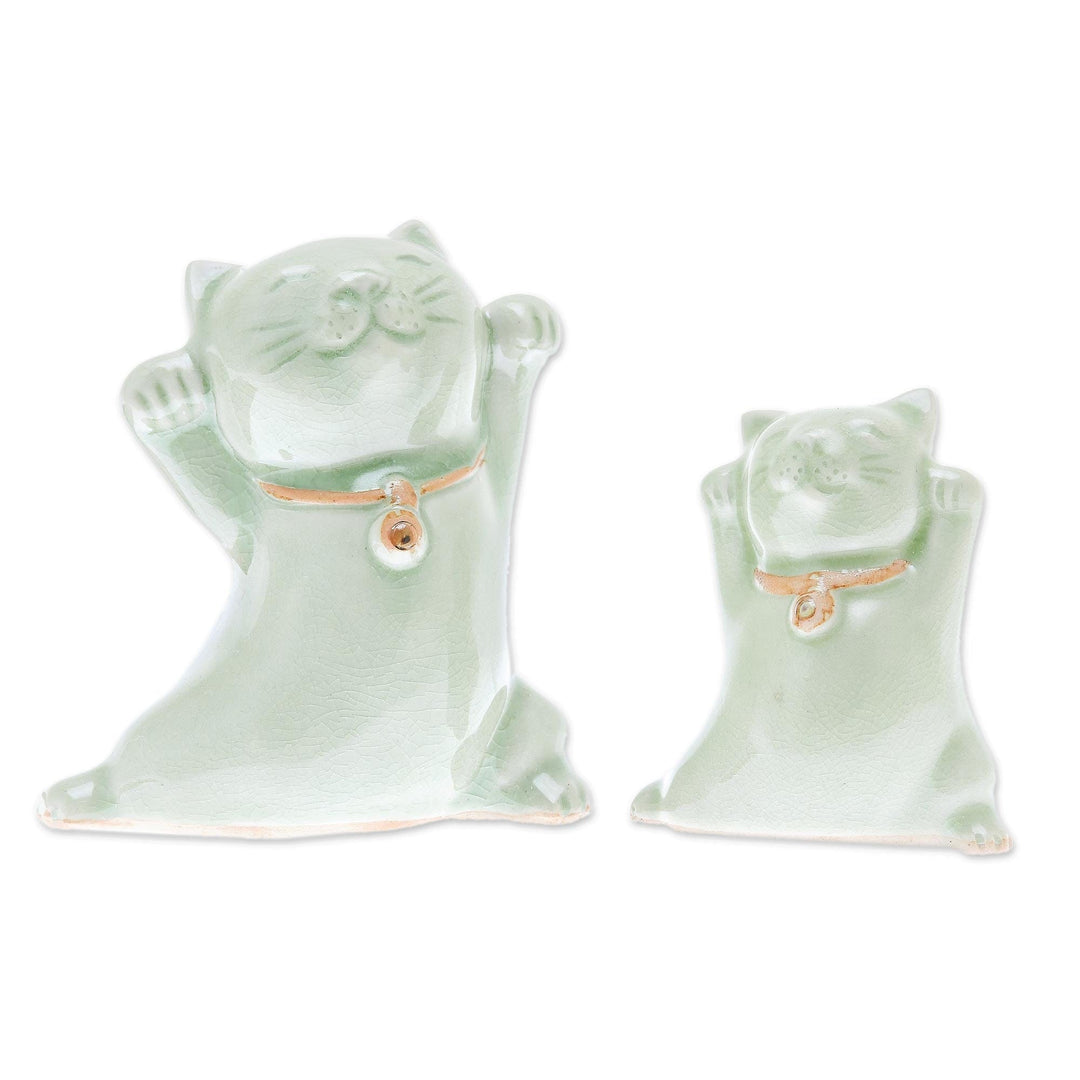 Celadon Ceramic Cat Figurines from Thailand (Pair) - Cats of Fortune
