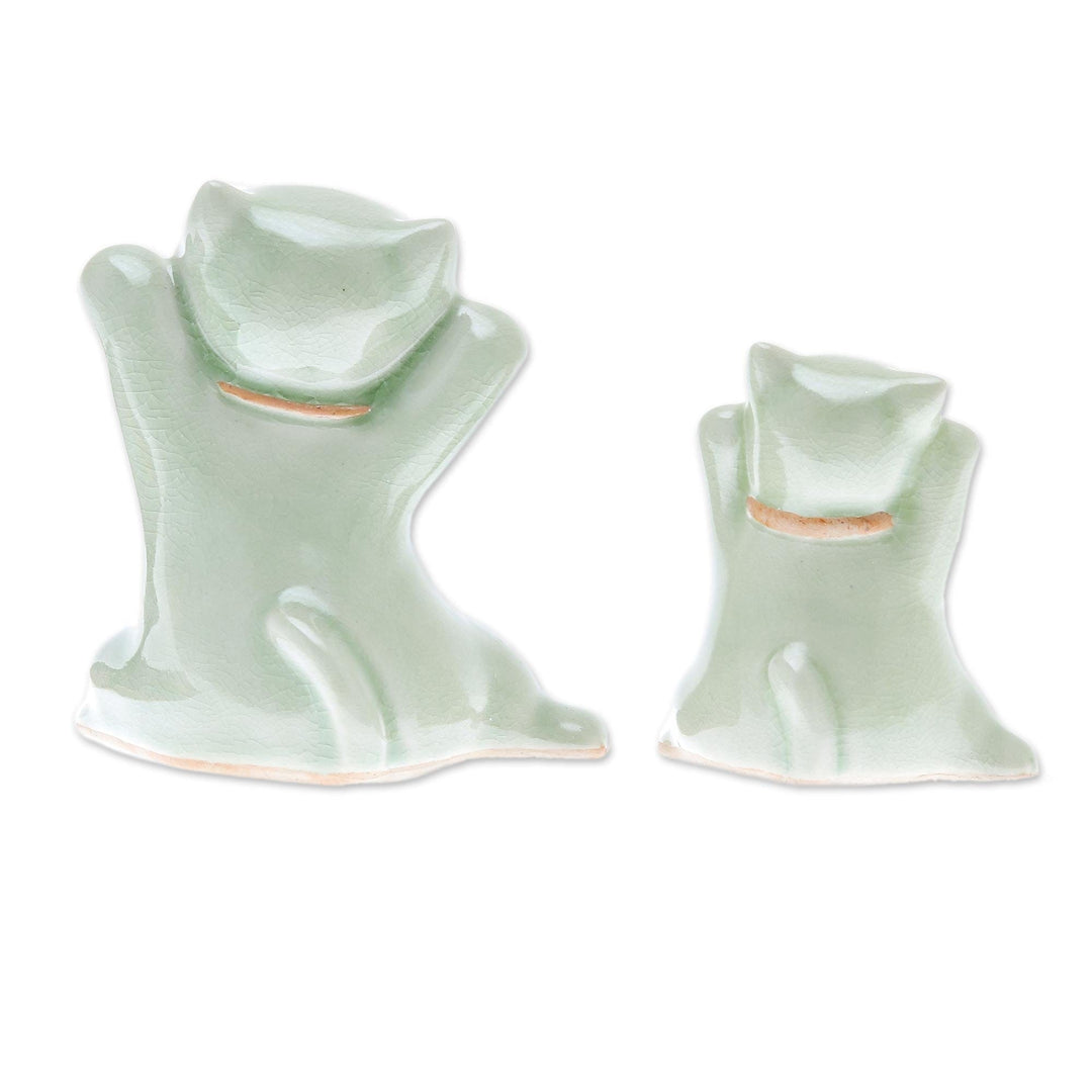 Celadon Ceramic Cat Figurines from Thailand (Pair) - Cats of Fortune