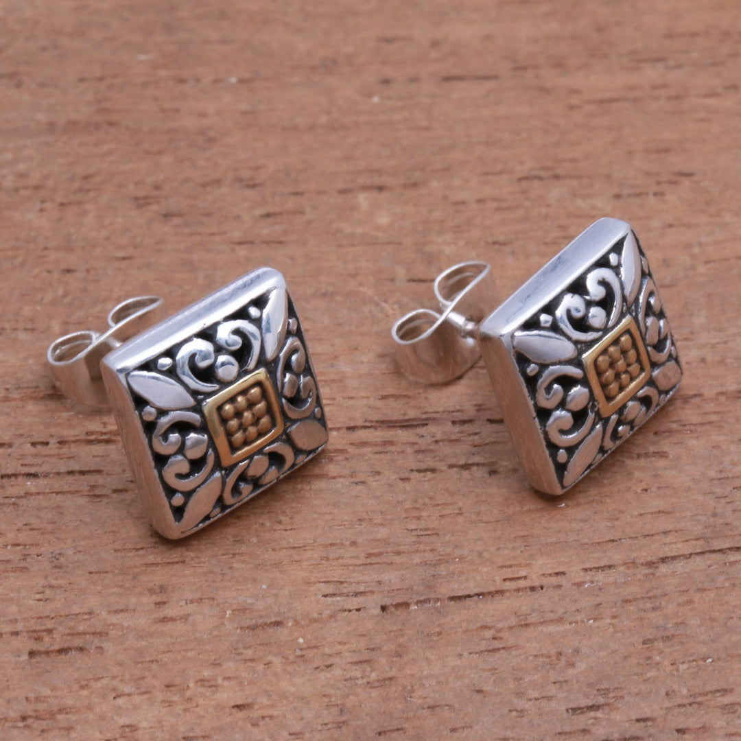 Square Gold Accented Sterling Silver Stud Earrings from Bali - Window Glam