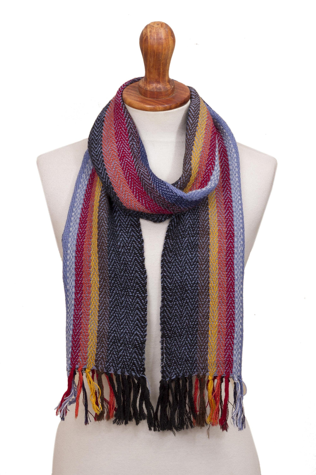 Soft Black with Colorful Stripes Handwoven 100% Alpaca Scarf - Rugged Rainbow