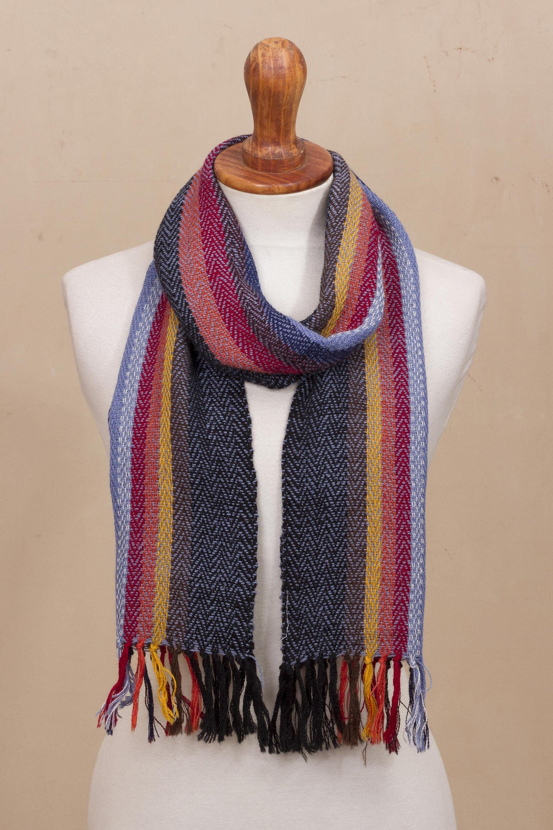 Soft Black with Colorful Stripes Handwoven 100% Alpaca Scarf - Rugged Rainbow