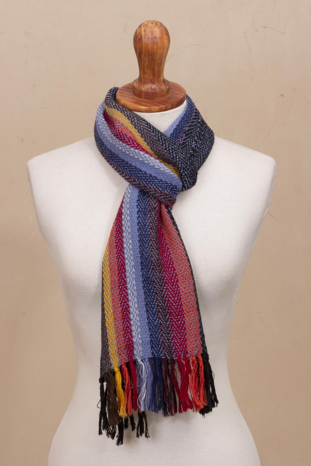 Soft Black with Colorful Stripes Handwoven 100% Alpaca Scarf - Rugged Rainbow
