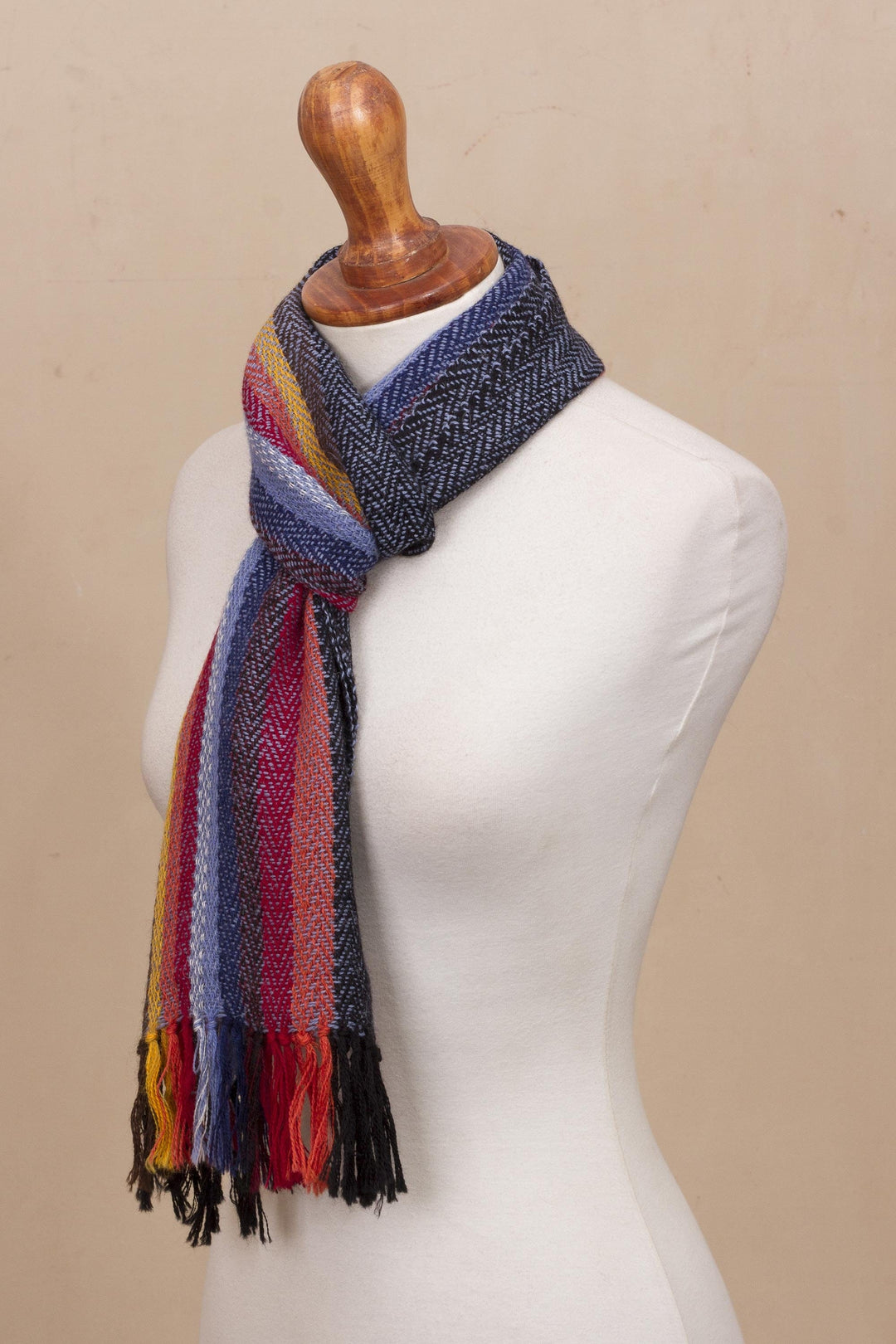 Soft Black with Colorful Stripes Handwoven 100% Alpaca Scarf - Rugged Rainbow