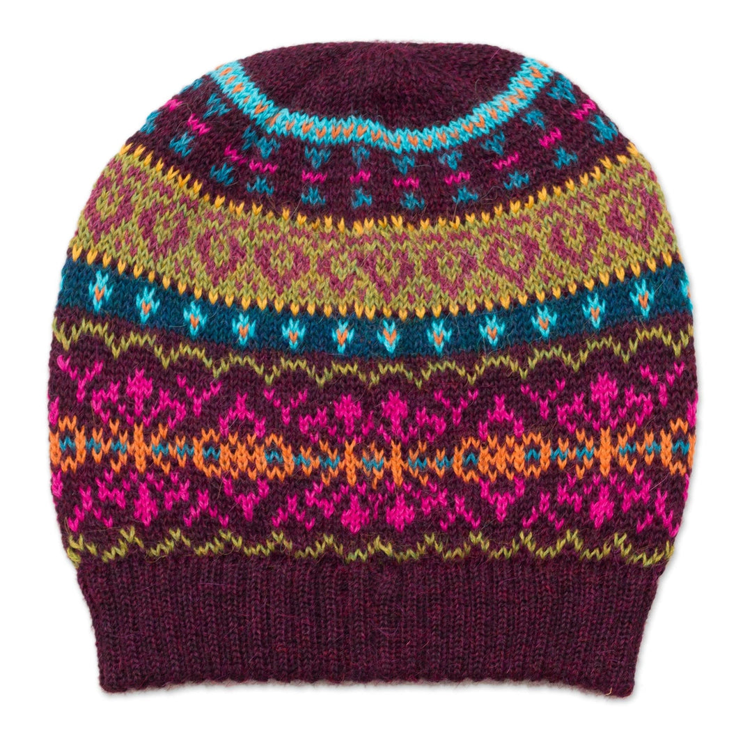 Multi-Color 100% Alpaca Knit Hat with Rows of Varying Motifs - Colorful Carousel