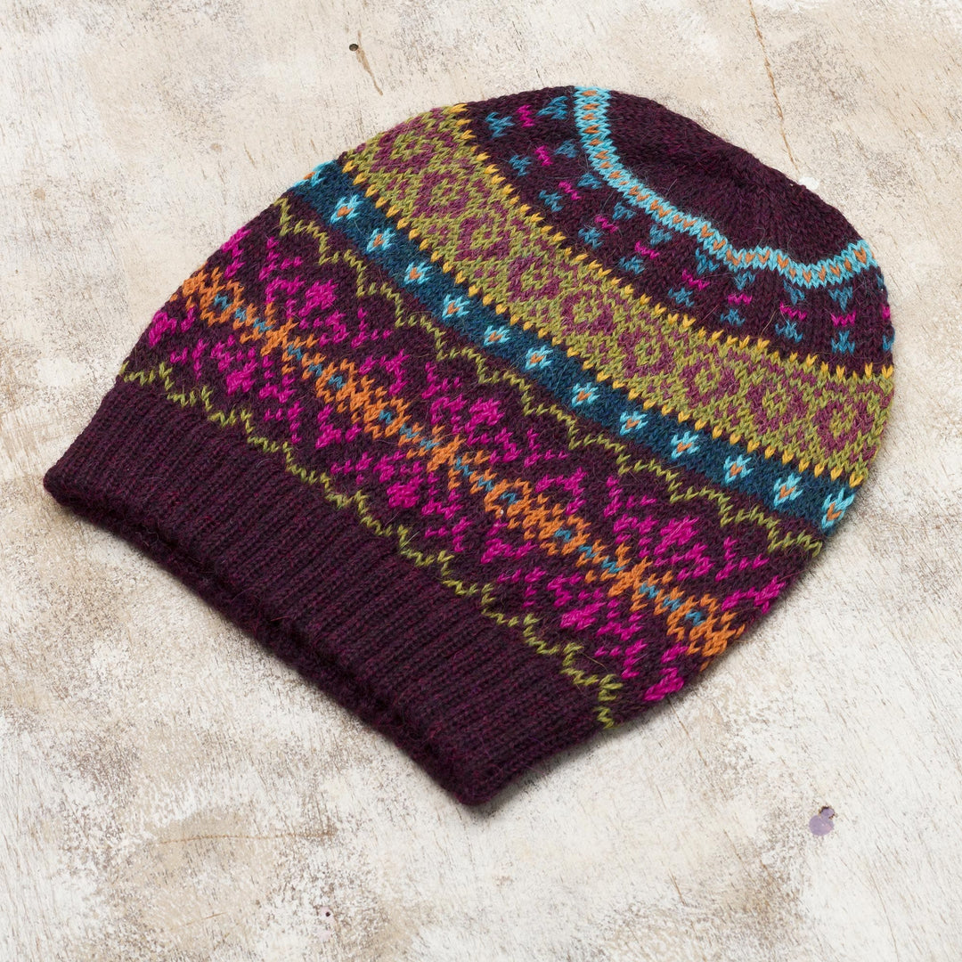Multi-Color 100% Alpaca Knit Hat with Rows of Varying Motifs - Colorful Carousel