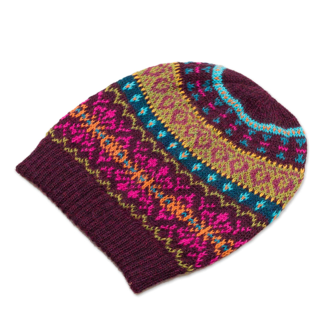 Multi-Color 100% Alpaca Knit Hat with Rows of Varying Motifs - Colorful Carousel