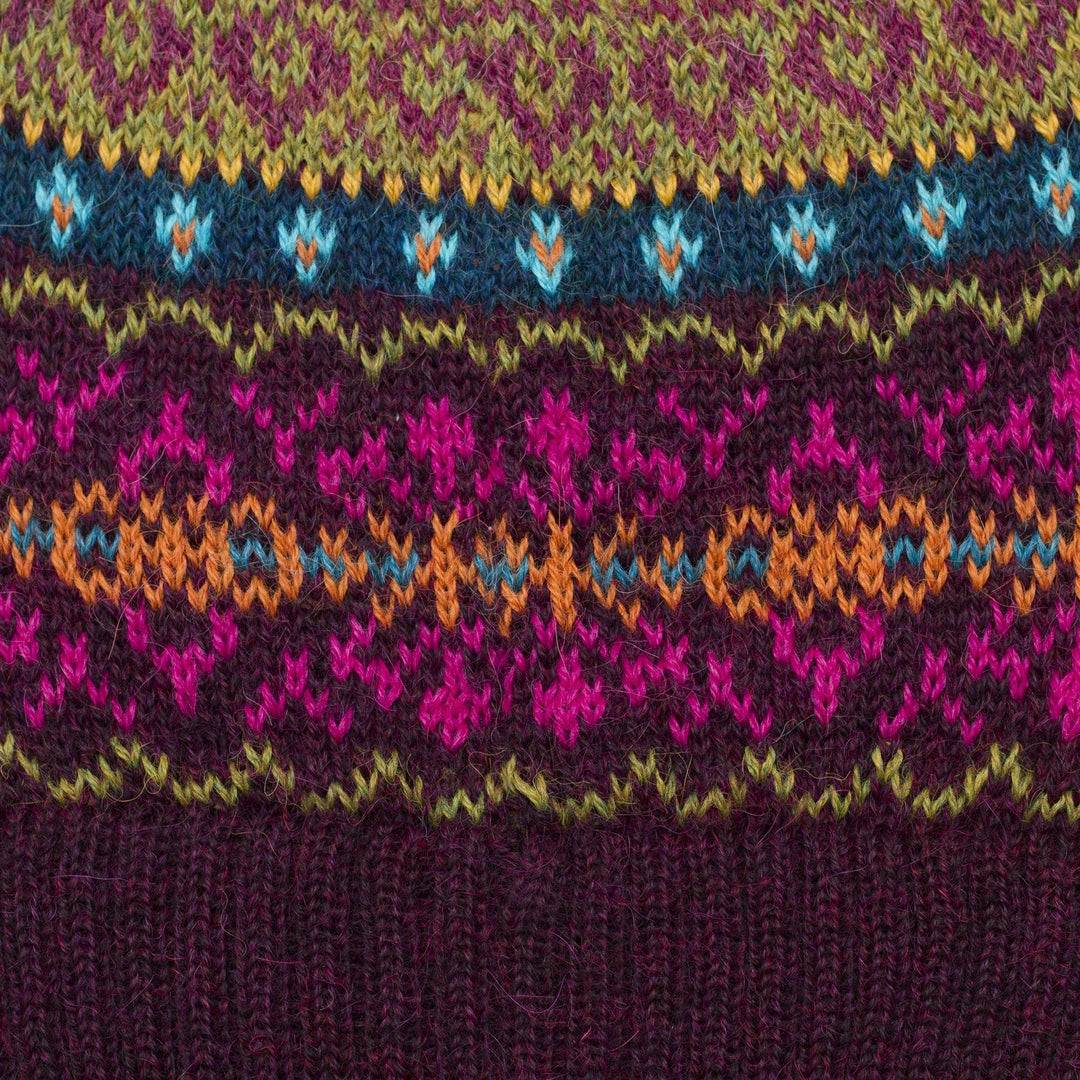 Multi-Color 100% Alpaca Knit Hat with Rows of Varying Motifs - Colorful Carousel