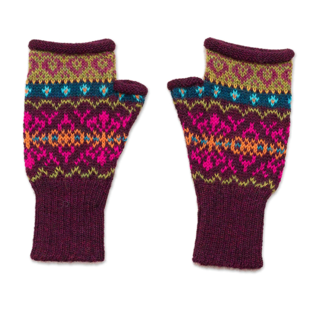Multi-Color Multi-Motif 100% Alpaca Knit Fingerless Mitts - Colorful Carousel