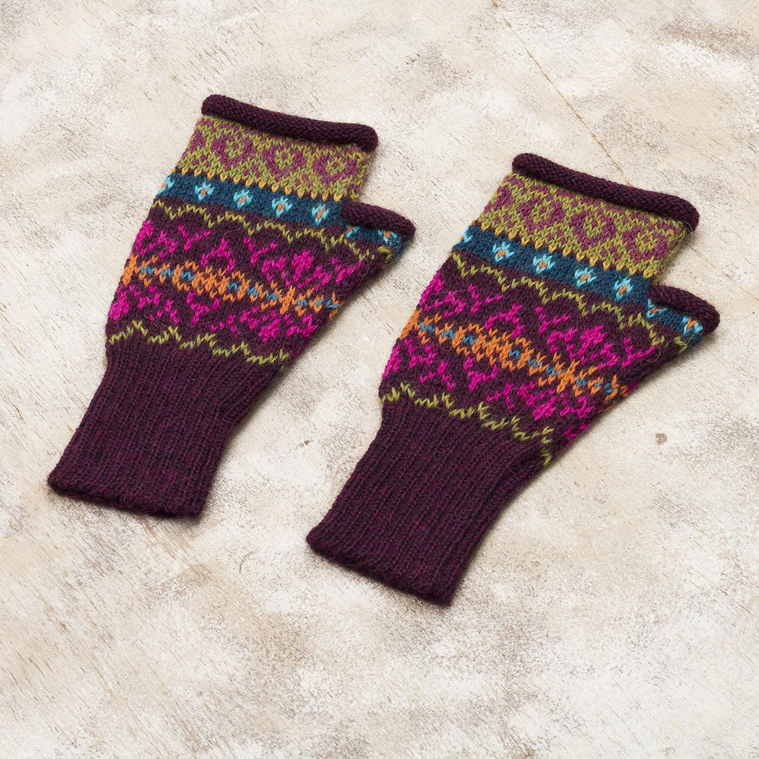 Multi-Color Multi-Motif 100% Alpaca Knit Fingerless Mitts - Colorful Carousel