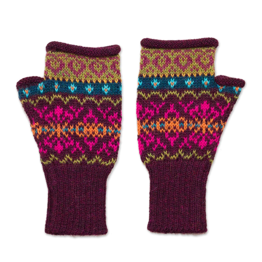 Multi-Color Multi-Motif 100% Alpaca Knit Fingerless Mitts - Colorful Carousel
