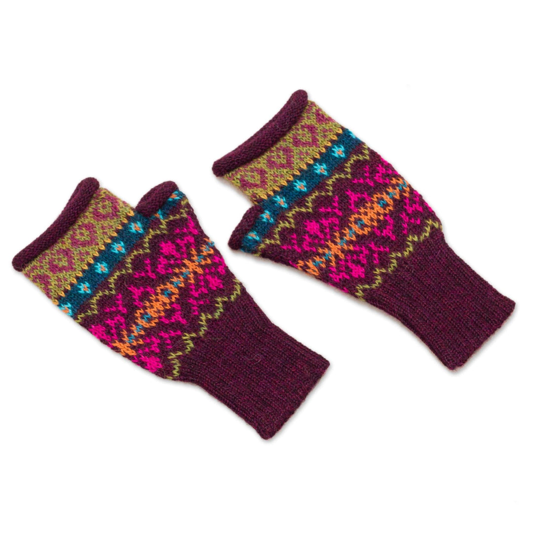 Multi-Color Multi-Motif 100% Alpaca Knit Fingerless Mitts - Colorful Carousel