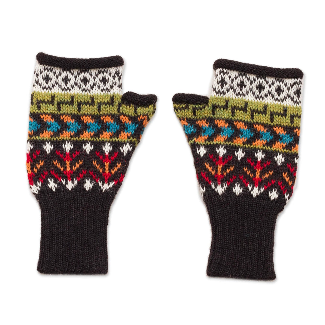 Colorful Geometric Motif 100% Alpaca Knit Fingerless Mitts - Motif Medley