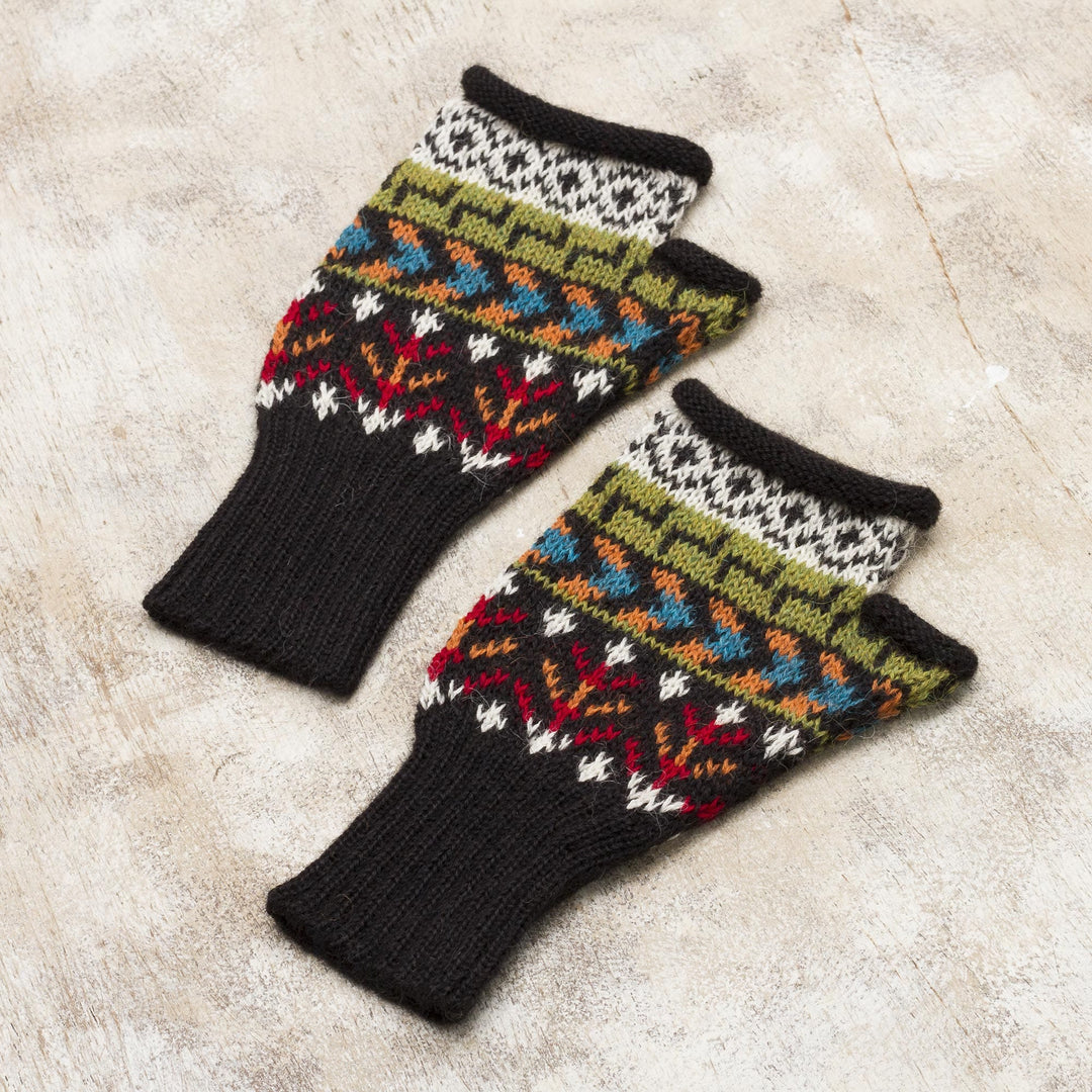 Colorful Geometric Motif 100% Alpaca Knit Fingerless Mitts - Motif Medley