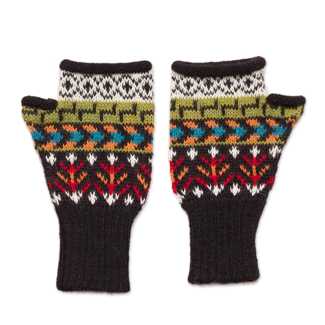 Colorful Geometric Motif 100% Alpaca Knit Fingerless Mitts - Motif Medley
