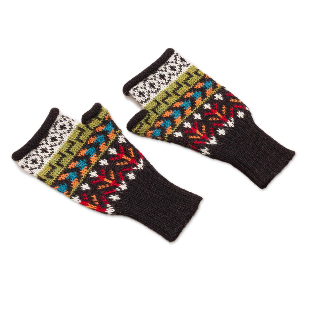 Colorful Geometric Motif 100% Alpaca Knit Fingerless Mitts - Motif Medley