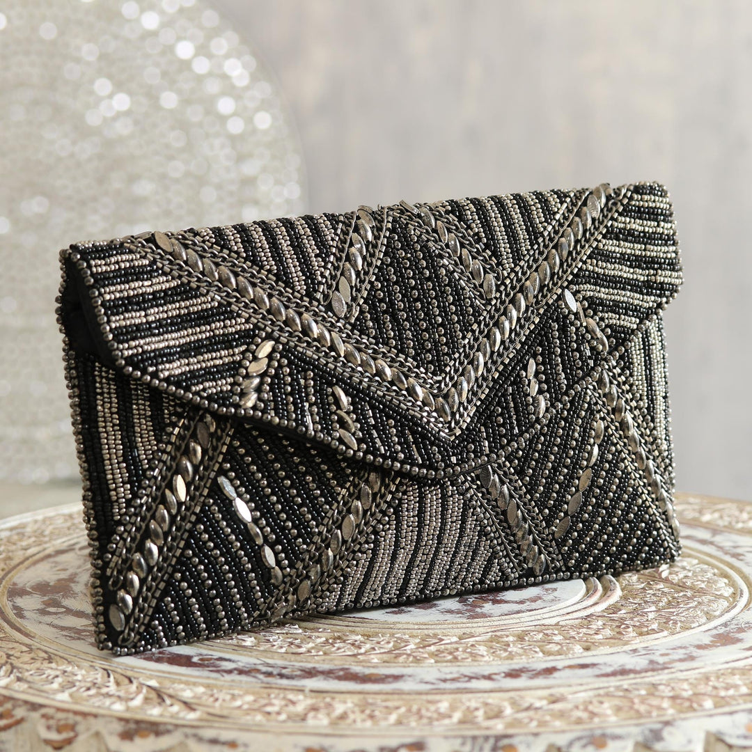 Metallic and Black Beaded Evening Handbag from India - Gleaming Glamour
