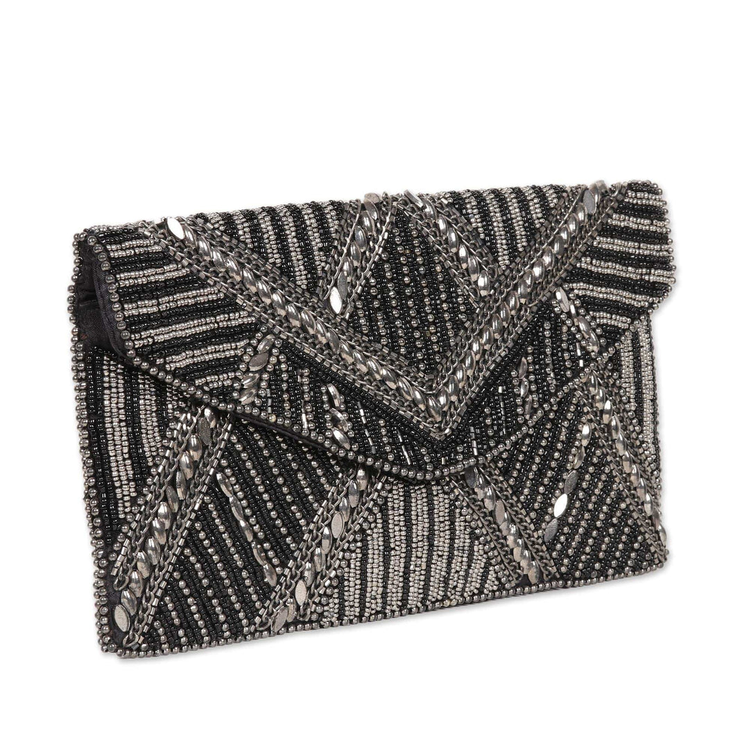 Metallic and Black Beaded Evening Handbag from India - Gleaming Glamour