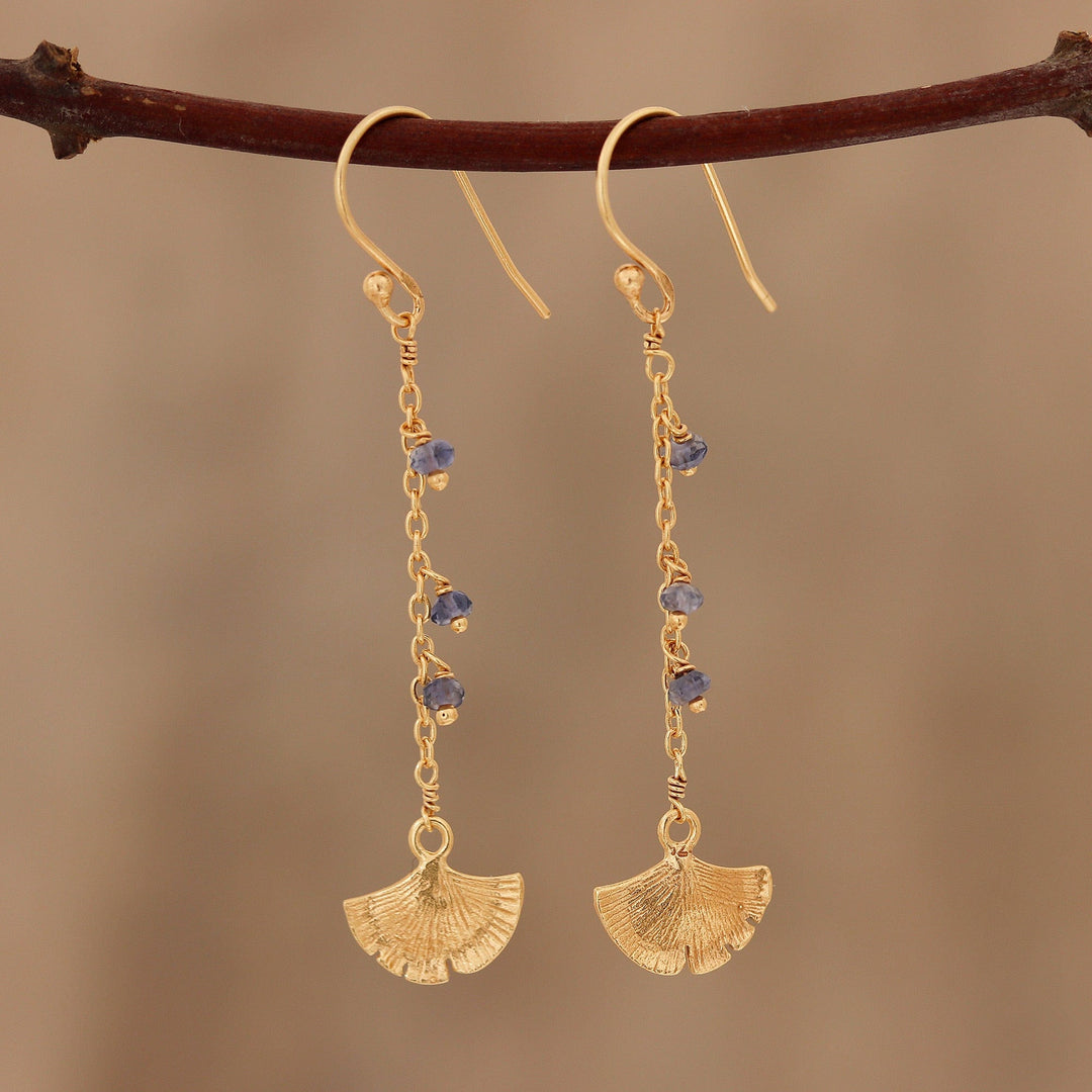 Gold Plated Iolite Ginkgo Leaf Dangle Earrings - Ginkgo Hope
