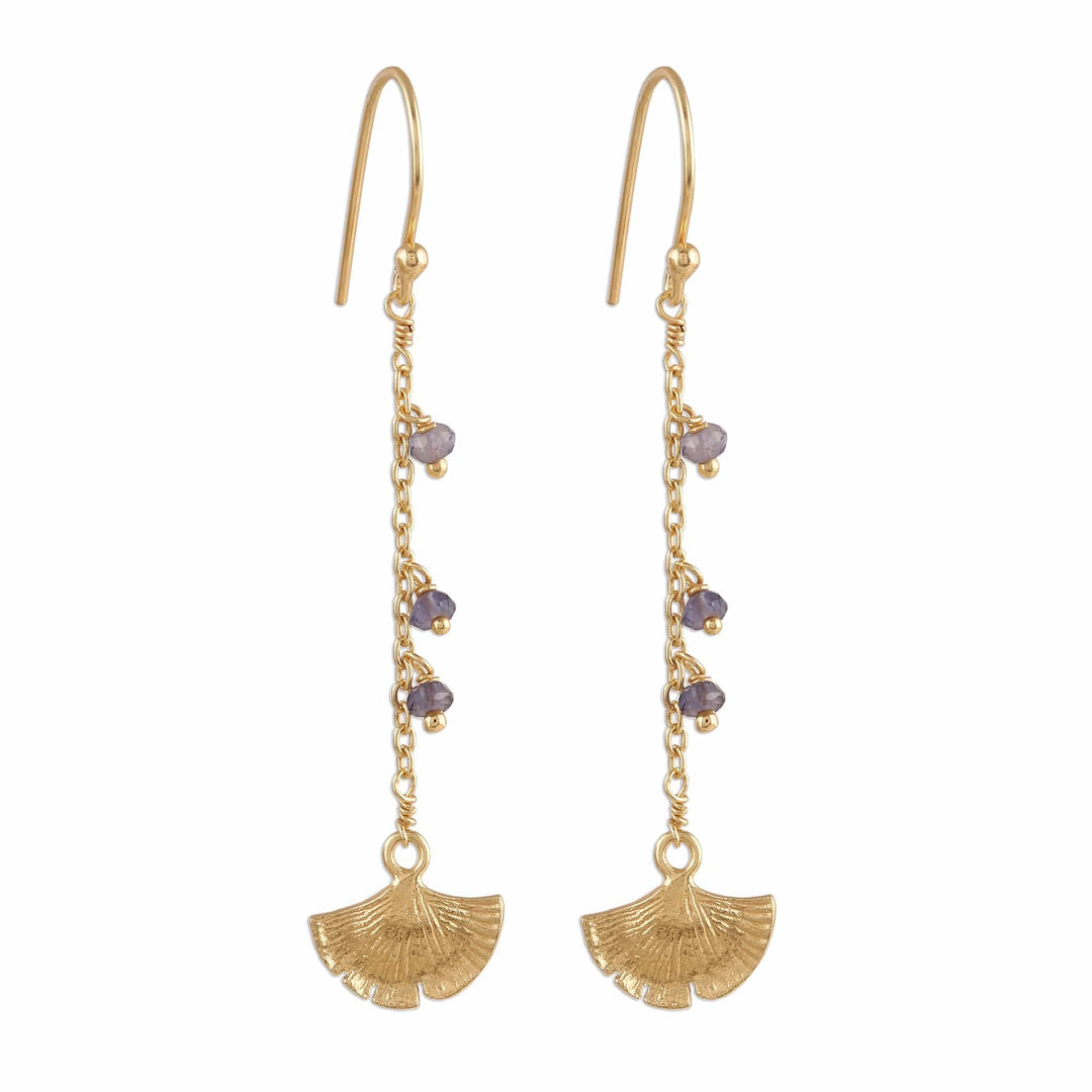 Gold Plated Iolite Ginkgo Leaf Dangle Earrings - Ginkgo Hope