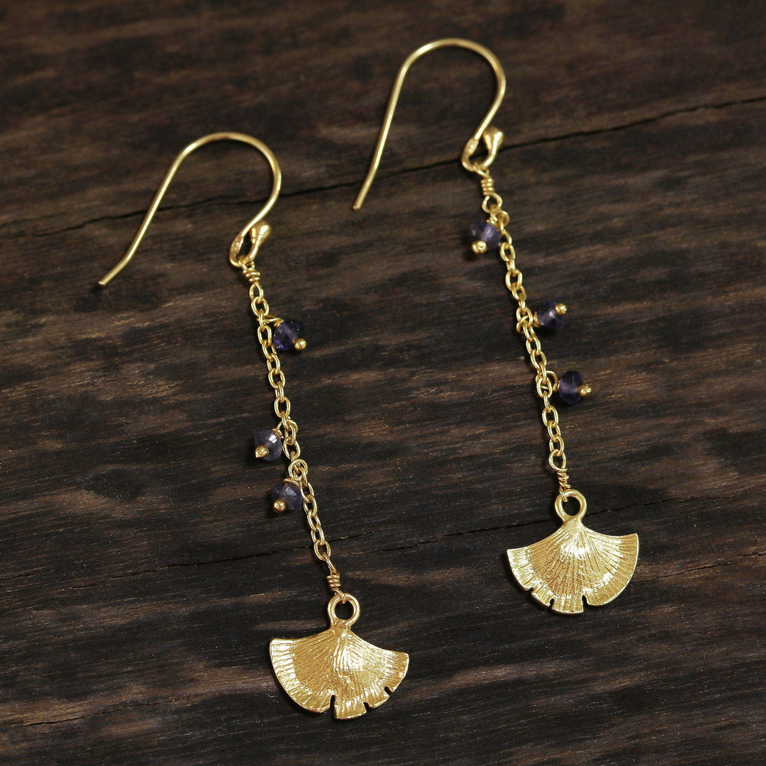 Gold Plated Iolite Ginkgo Leaf Dangle Earrings - Ginkgo Hope