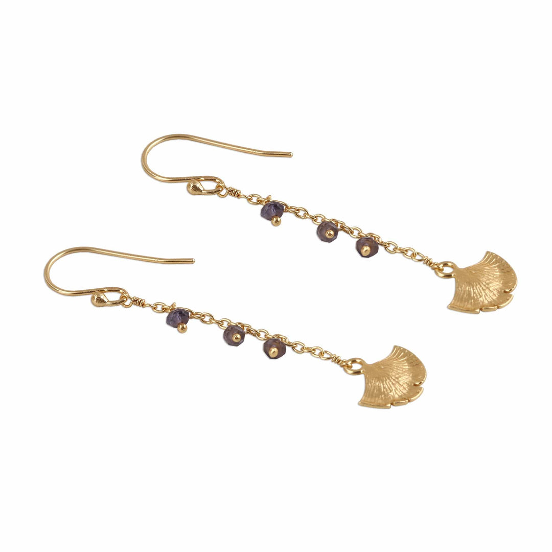 Gold Plated Iolite Ginkgo Leaf Dangle Earrings - Ginkgo Hope