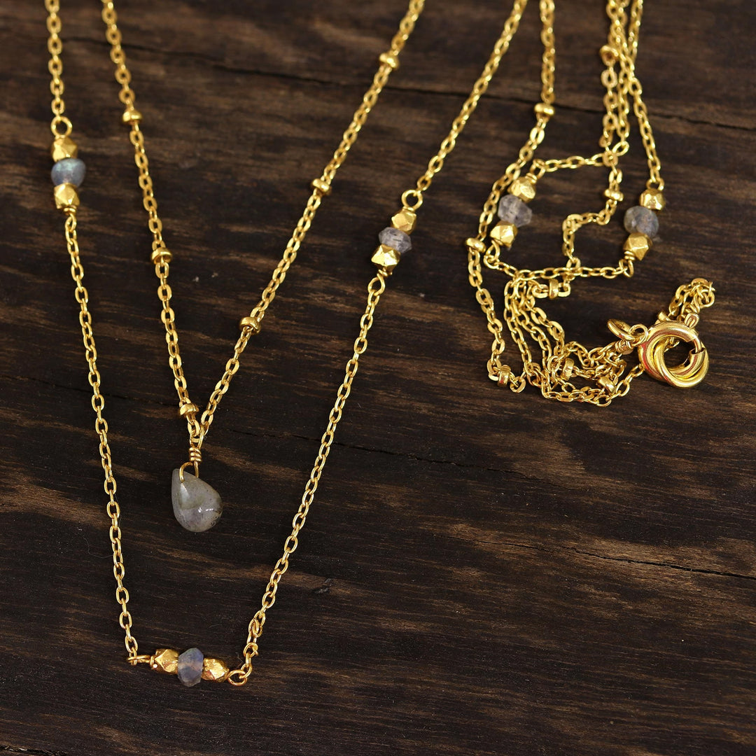 Gold Plated Labradorite Station Necklace - Misty Grace