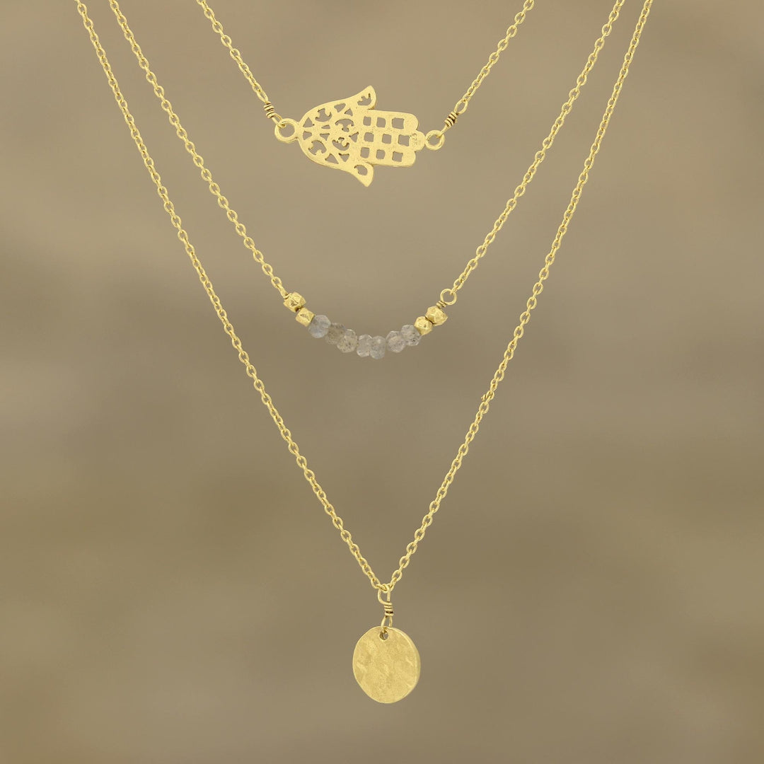 Gold Plated Labradorite Hamsa Pendant Necklace - Elegant Protection