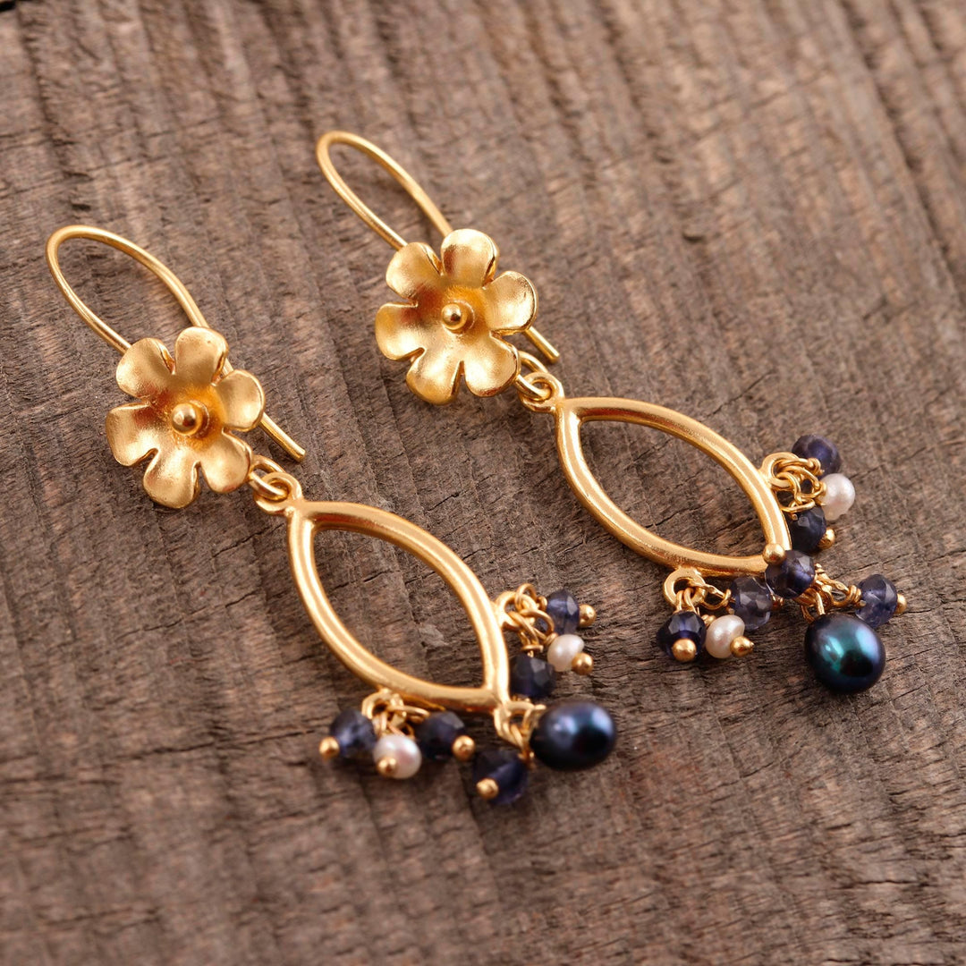 Floral Cultured Pearl and Iolite Dangle Earrings - Floral Glam