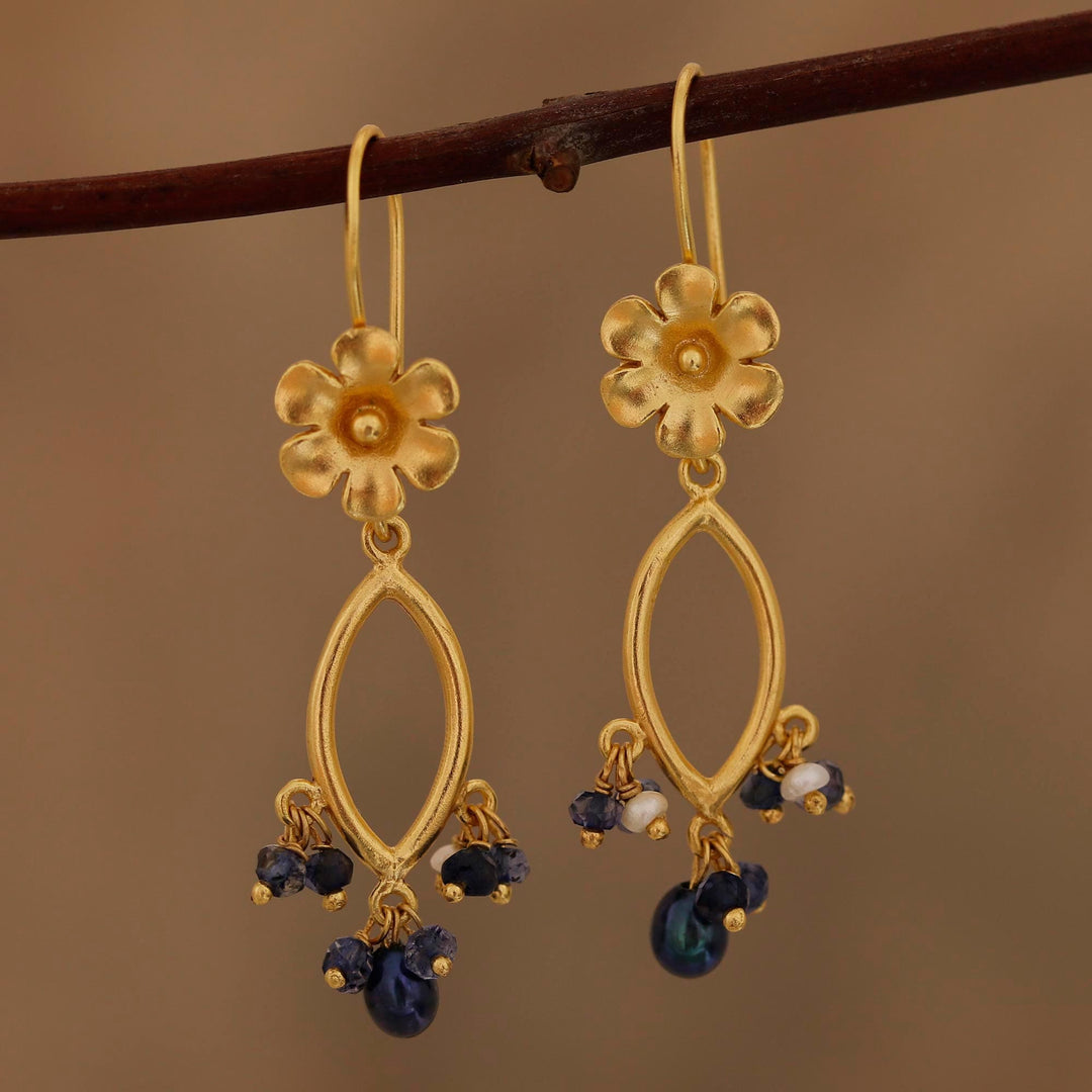 Floral Cultured Pearl and Iolite Dangle Earrings - Floral Glam