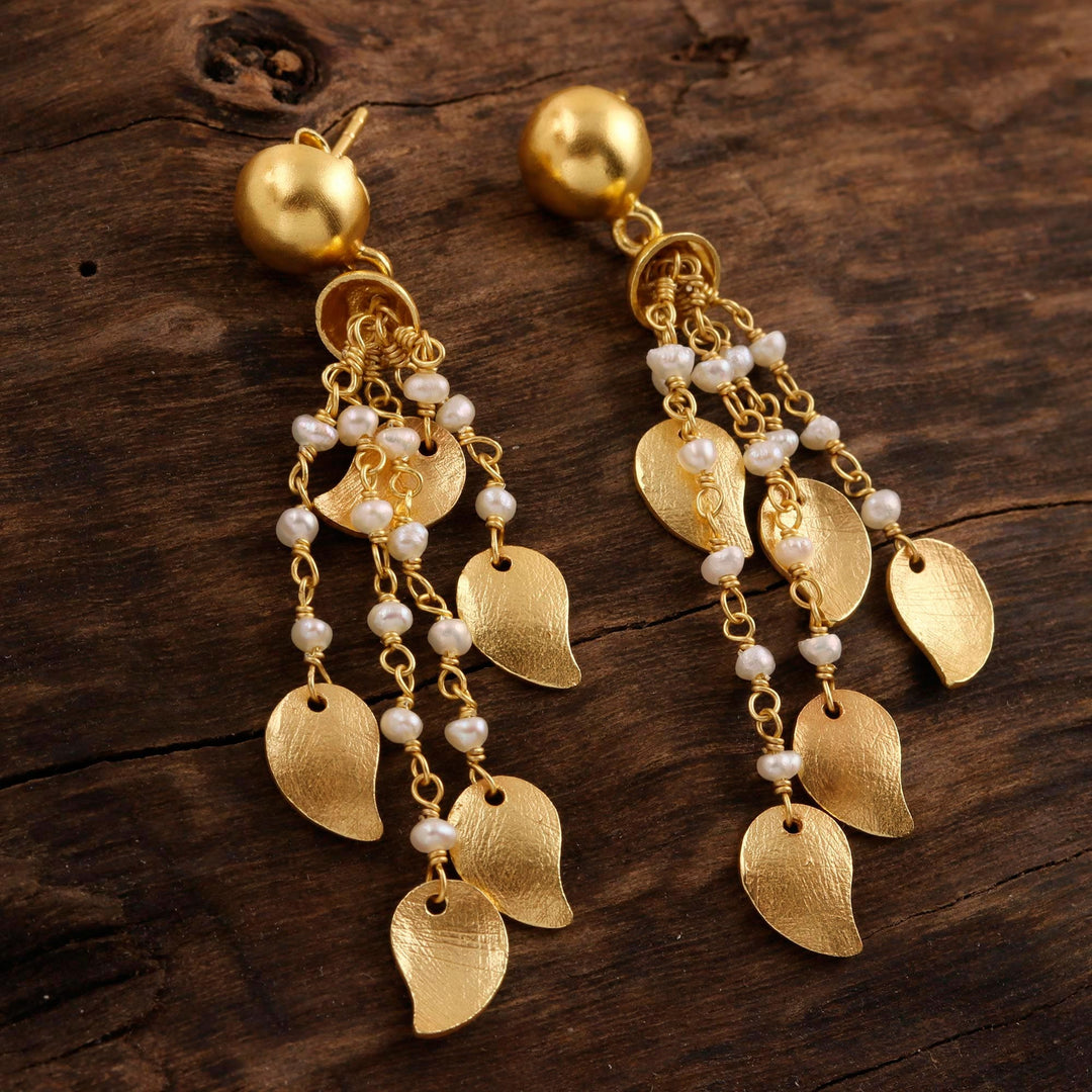 22k Gold Plated Cultured Pearl Waterfall Earrings from India - Mango Dangle