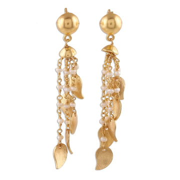 22k Gold Plated Cultured Pearl Waterfall Earrings from India - Mango Dangle