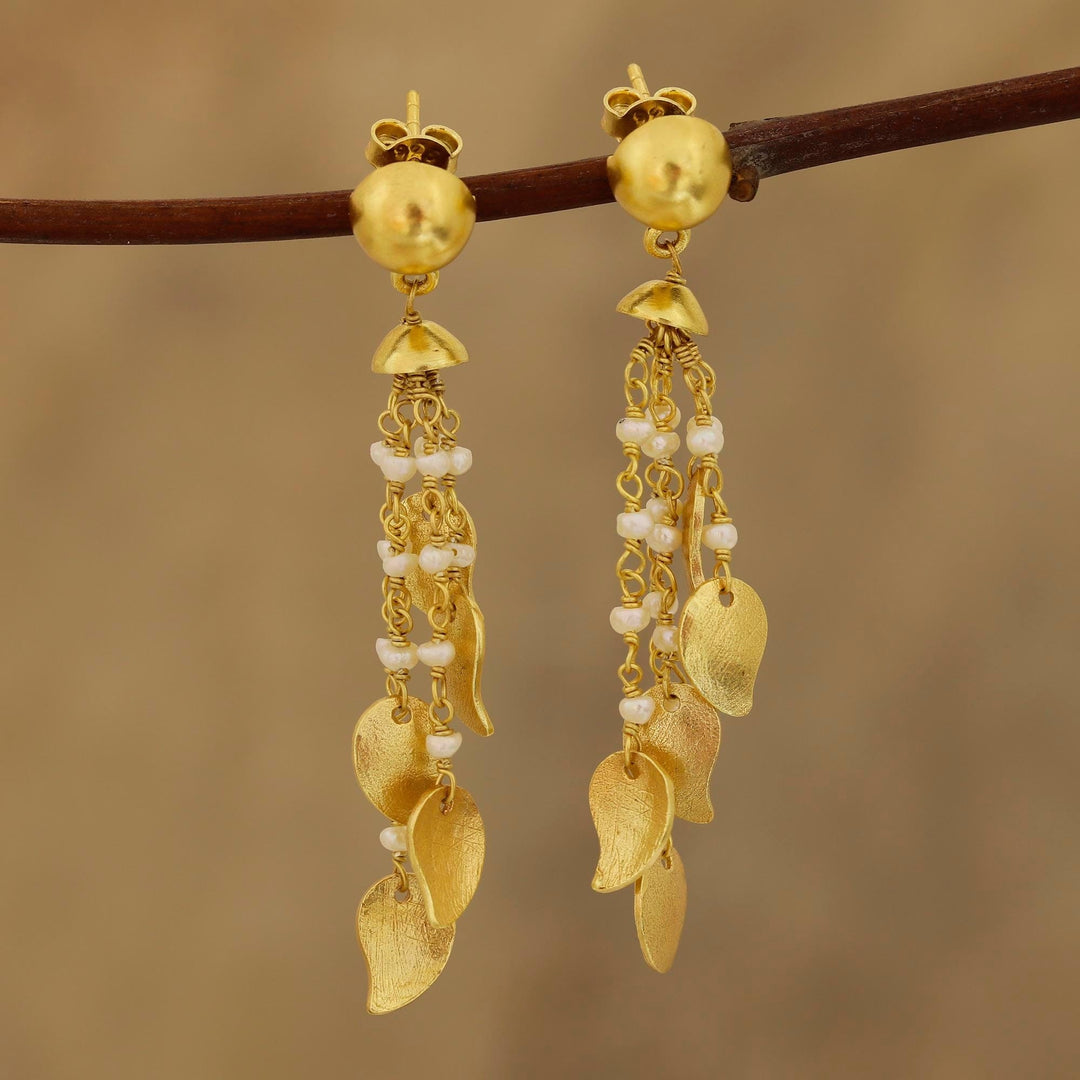 22k Gold Plated Cultured Pearl Waterfall Earrings from India - Mango Dangle