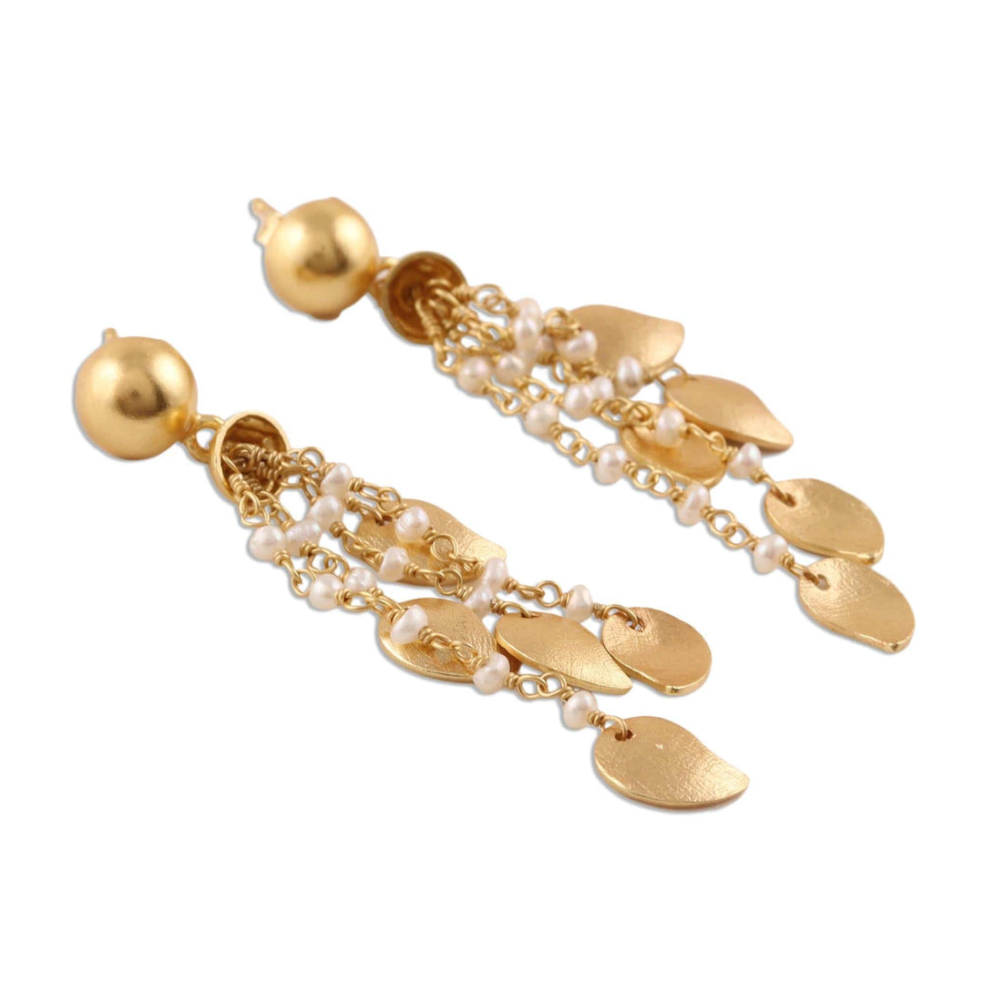 22k Gold Plated Cultured Pearl Waterfall Earrings from India - Mango Dangle