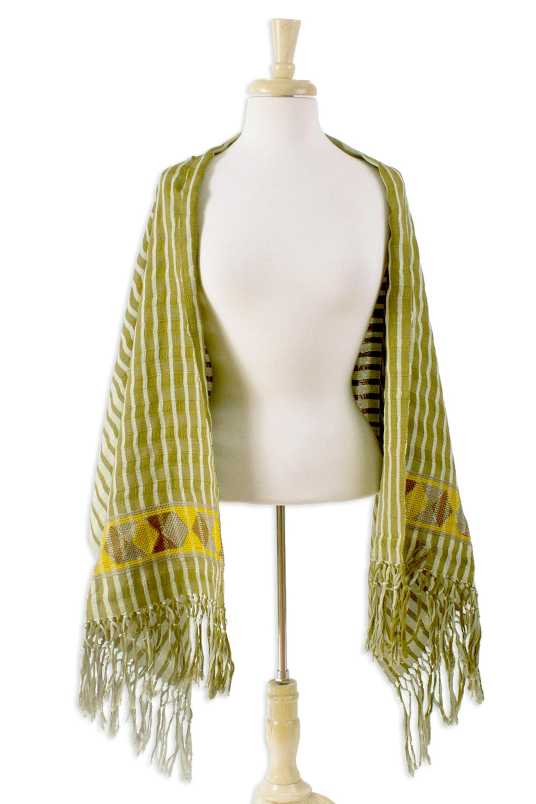 Olive and Lichen Striped Cotton Shawl from Mexico - Zinacantan Paths