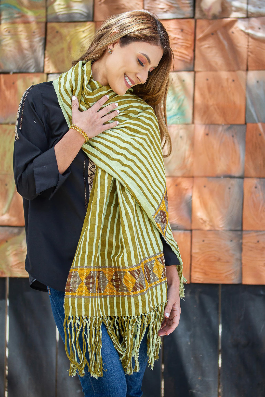 Olive and Lichen Striped Cotton Shawl from Mexico - Zinacantan Paths