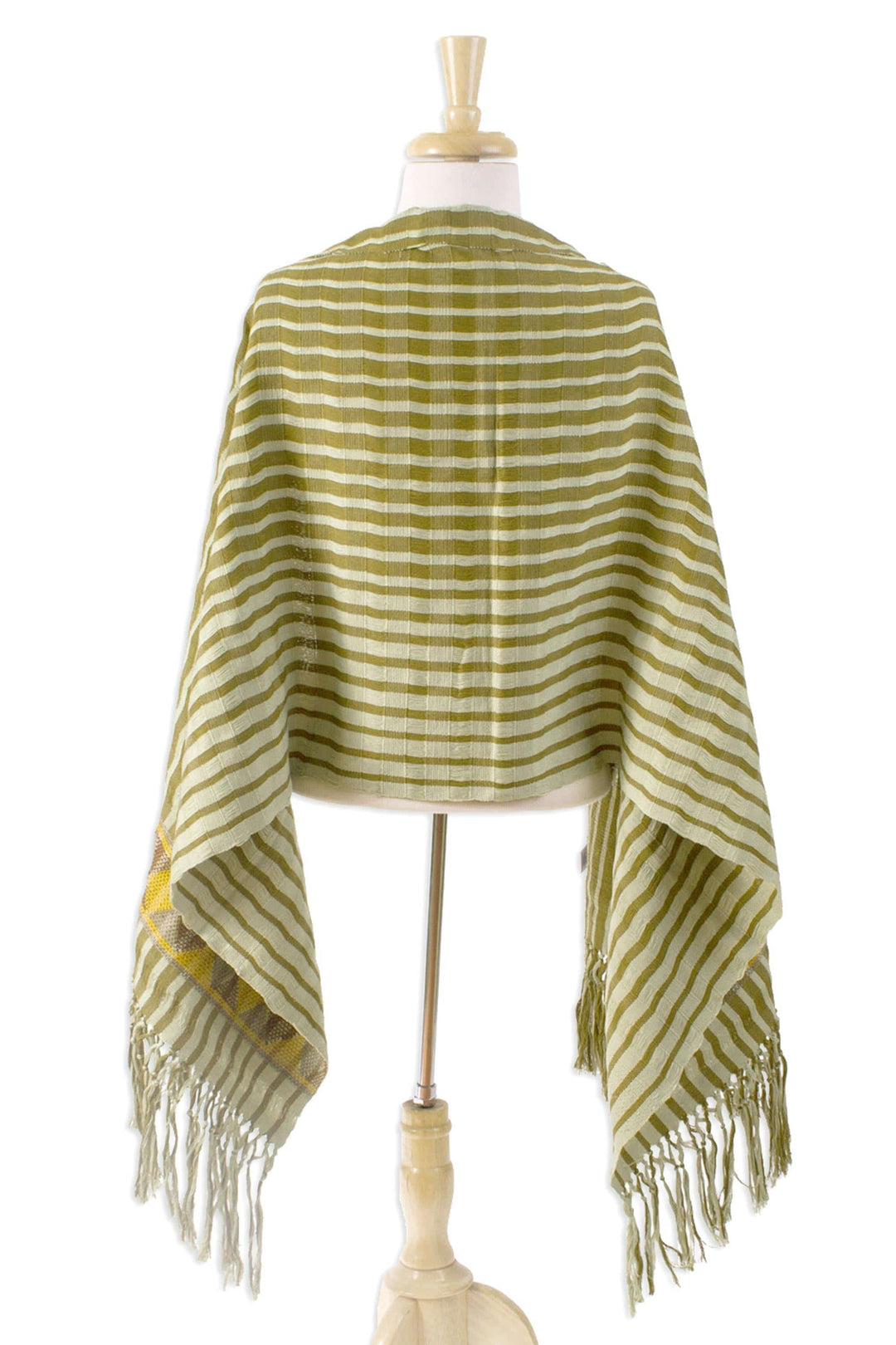 Olive and Lichen Striped Cotton Shawl from Mexico - Zinacantan Paths