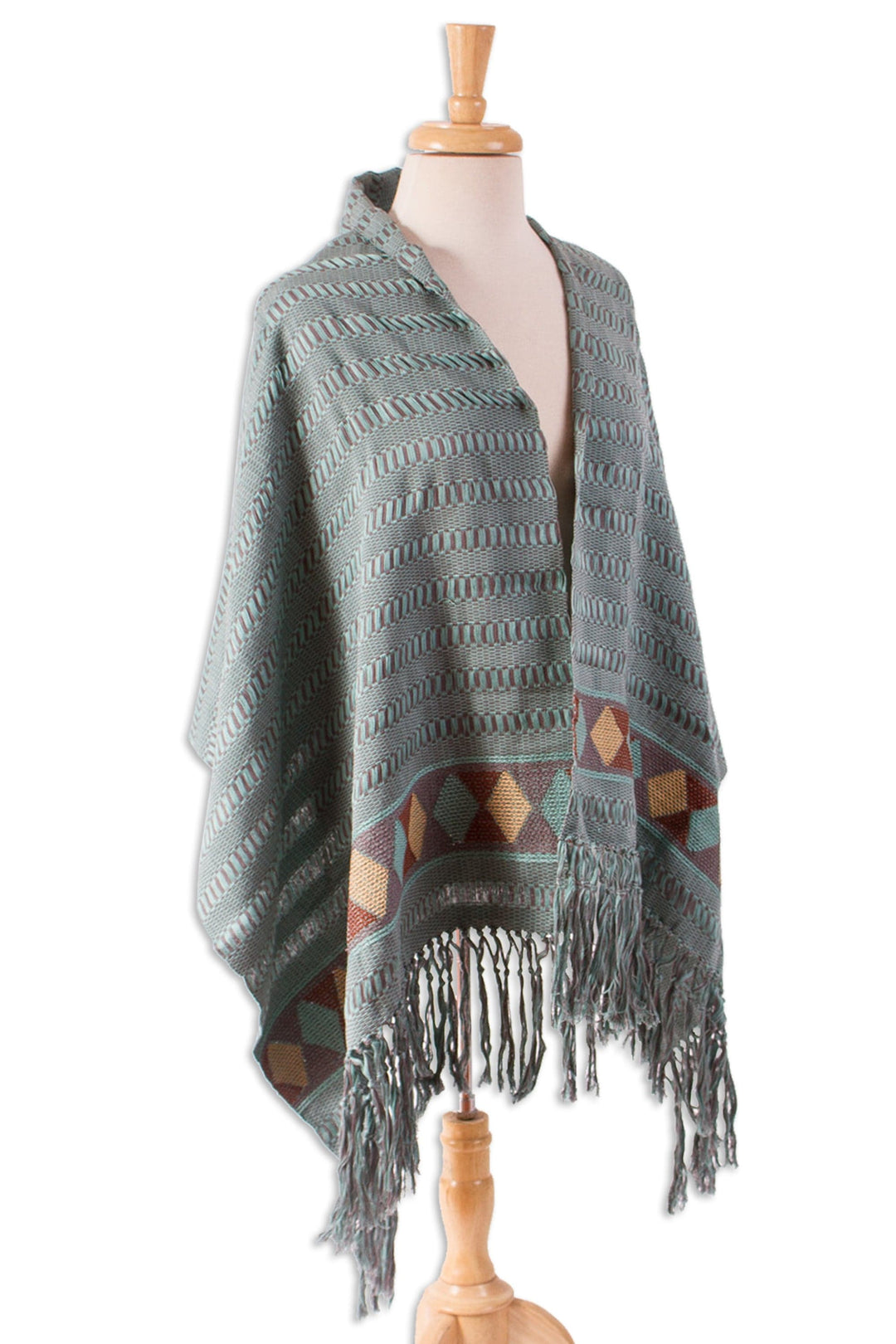 Aqua and Stone Cotton Shawl Crafted in Mexico - Path of Destiny