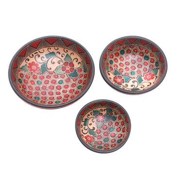 Floral Batik Wood Centerpieces from Java (Set of 3) - Cherry Decor