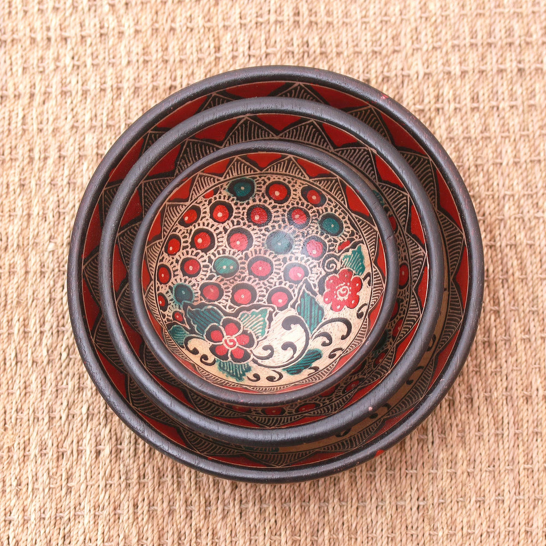 Floral Batik Wood Centerpieces from Java (Set of 3) - Cherry Decor