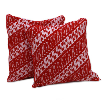 Parang Motif Batik Cotton Cushion Covers from Java (Pair) - Crimson Parang