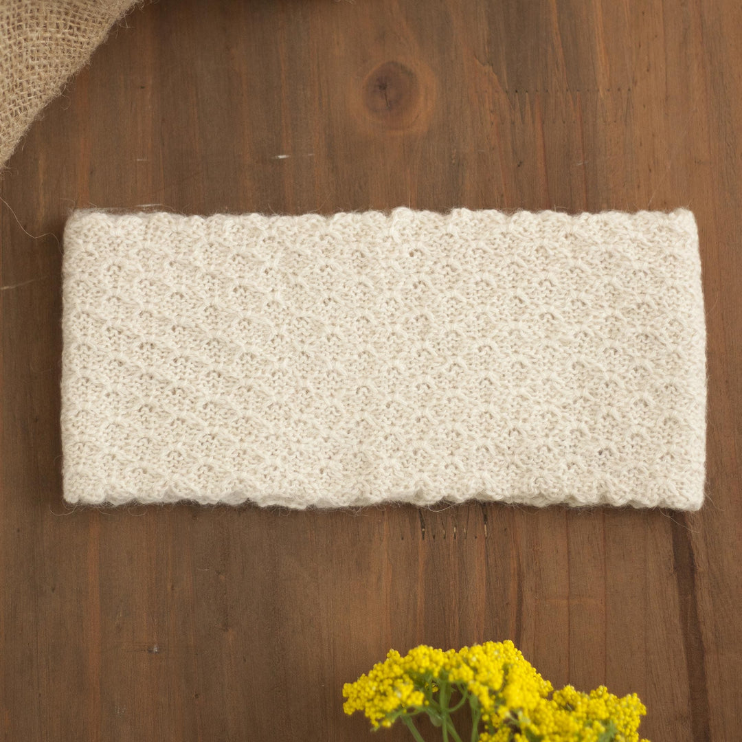 Off-White 100% Baby Alpaca Honeycomb Pattern Knit Headband - Wavelength in Alabaster