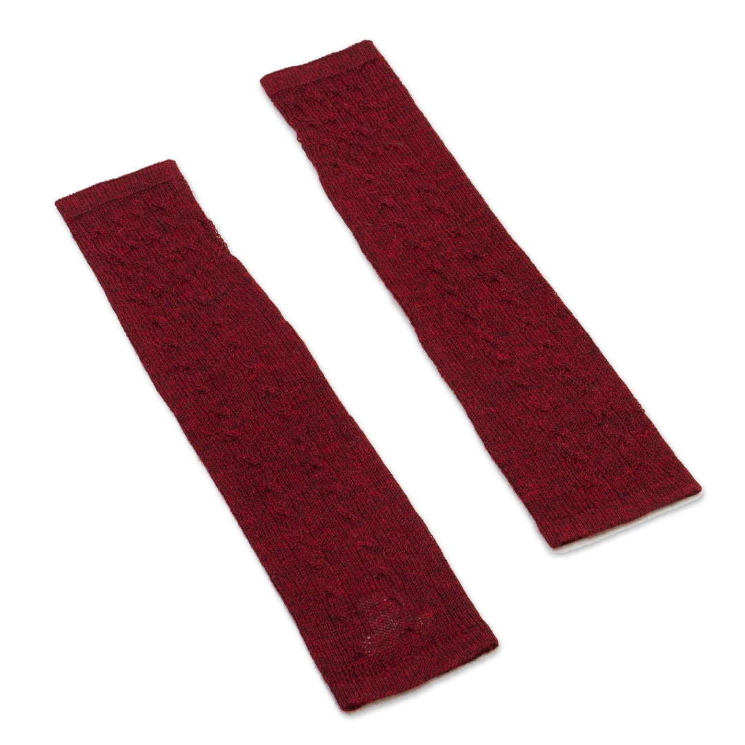 Burgundy 100% Baby Alpaca Cable Knit Fingerless Mitts - Luscious Twist in Burgundy