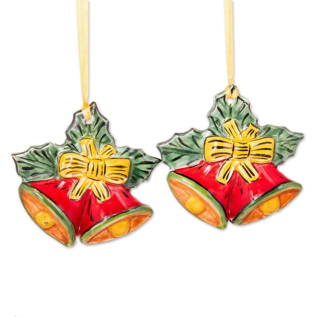 Hand-Painted Red and Yellow Ceramic Bell Ornaments (Pair) - Passionate Bells
