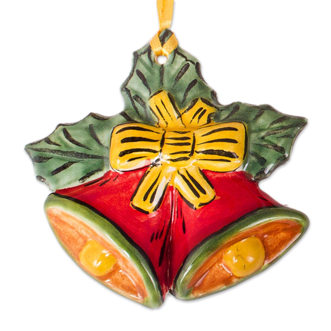Hand-Painted Red and Yellow Ceramic Bell Ornaments (Pair) - Passionate Bells