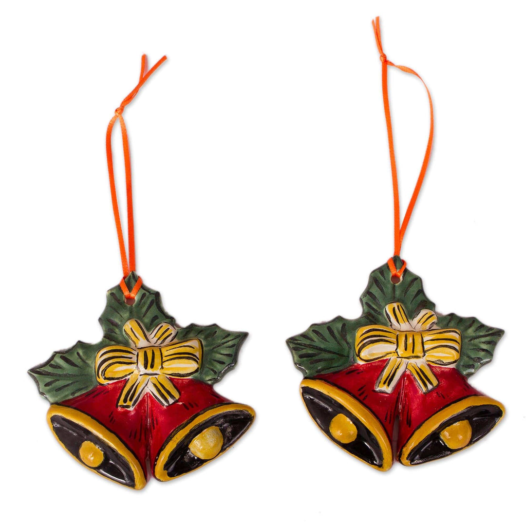 Hand-Painted Crimson Ceramic Bell Ornaments (Pair) - Crimson Bells