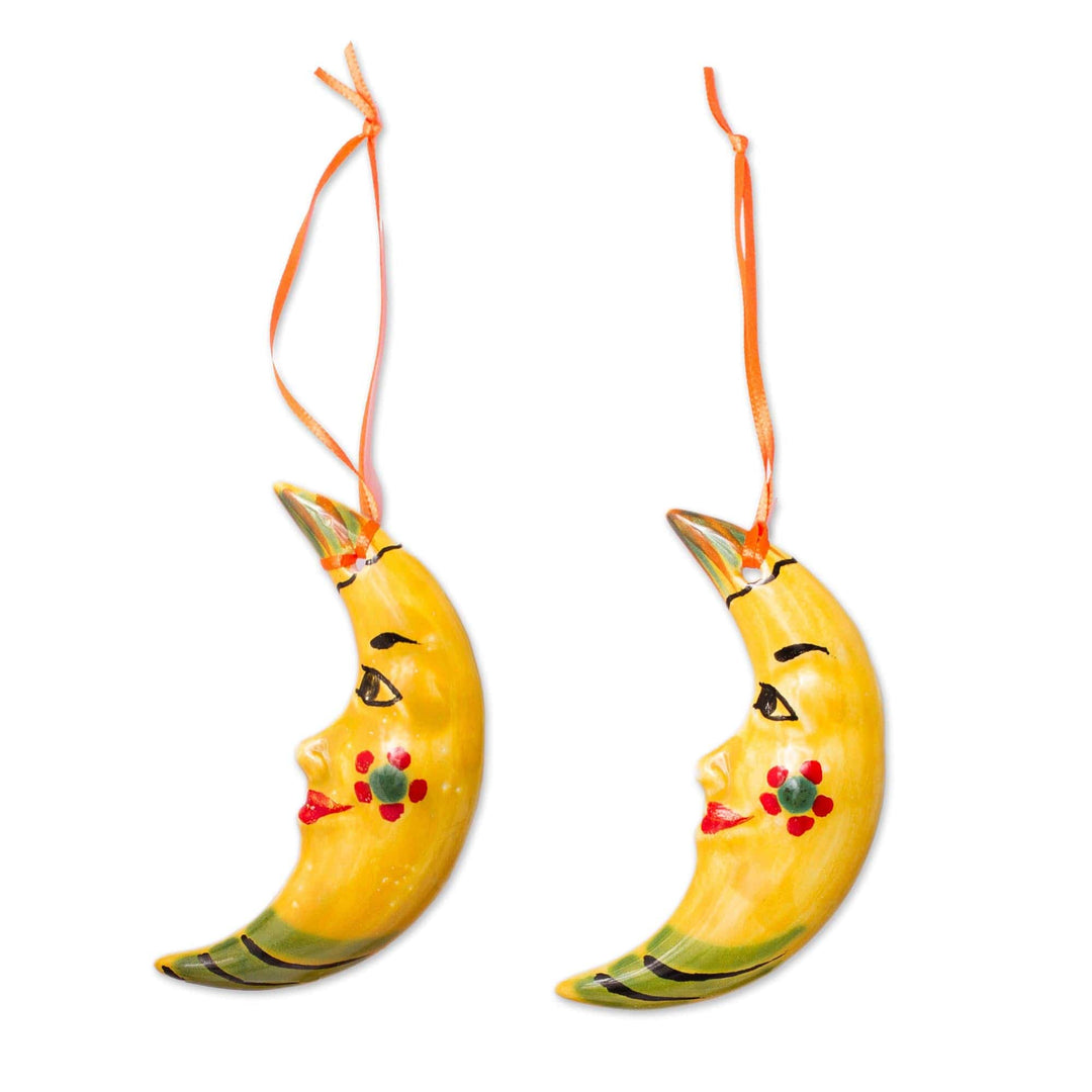 Artisan Crafted Ceramic Moon Ornaments from Mexico (Pair) - Yellow Moon