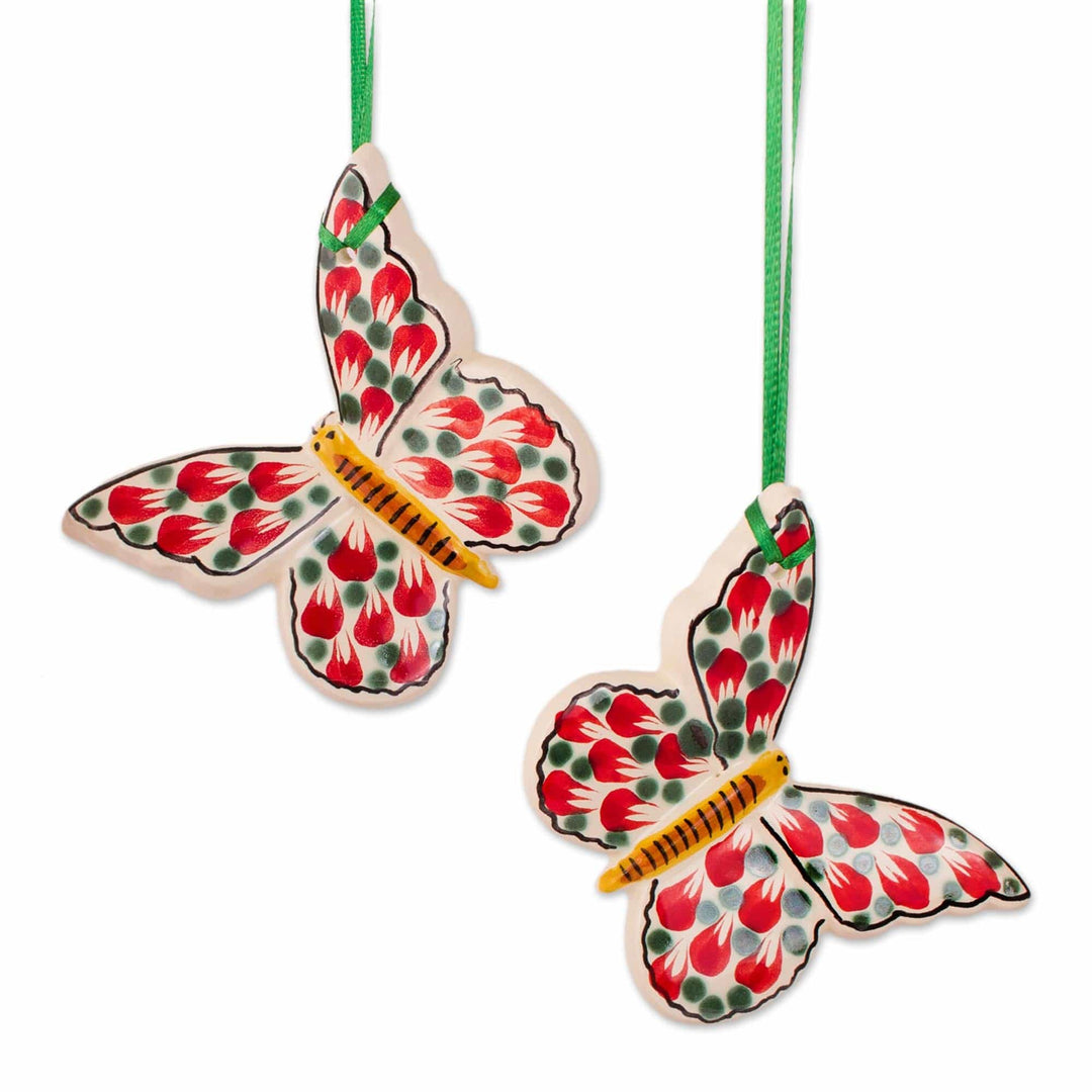 Hand-Painted Ceramic Butterfly Ornaments from Mexico (Pair) - Holiday Butterfly