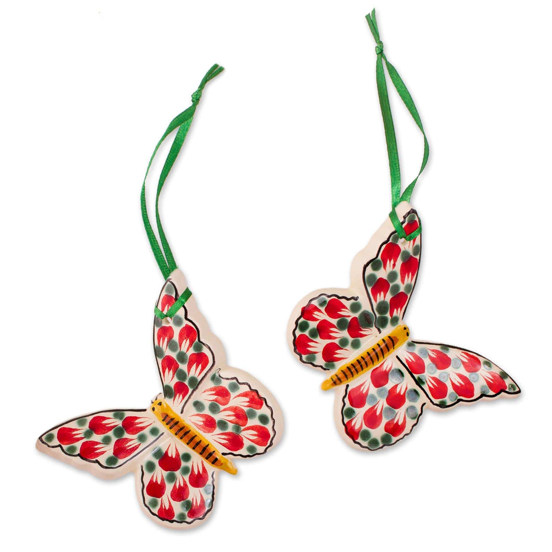 Hand-Painted Ceramic Butterfly Ornaments from Mexico (Pair) - Holiday Butterfly
