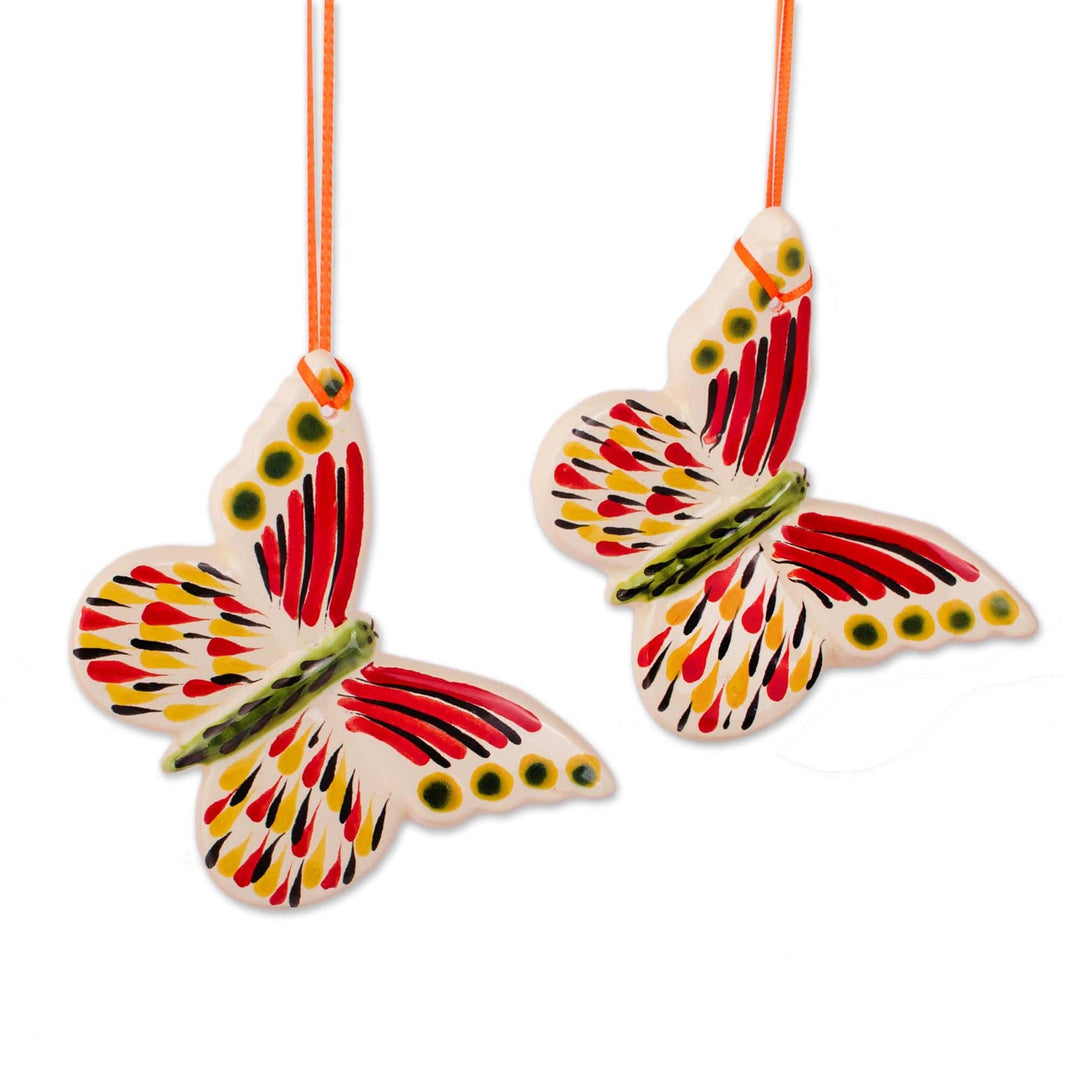Maiolica Ceramic Butterfly Ornaments from Mexico (Pair) - Fiery Butterflies